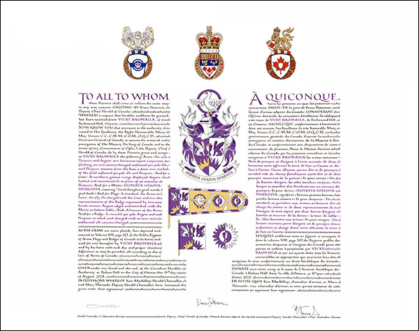 Letters patent granting heraldic emblems to Vicky Bagwalla