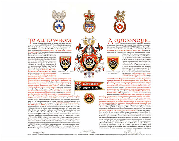 Letters patent granting heraldic emblems to Robert Adam de Bartok