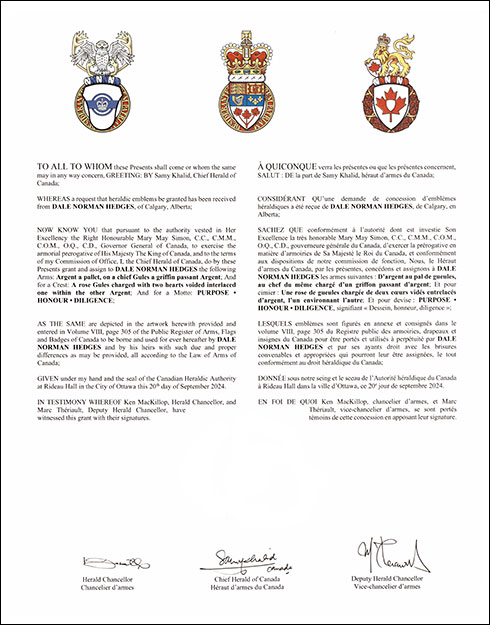 Lettres patentes concédant des emblèmes héraldiques à Dale Norman Hedges