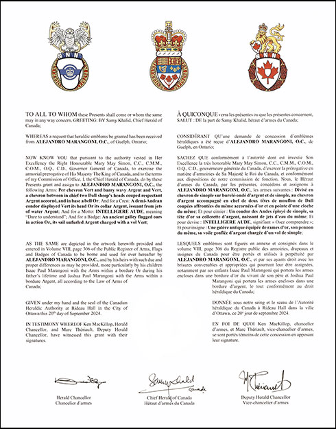 Letters patent granting heraldic emblems to Alejandro Marangoni