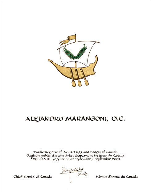 Letters patent granting heraldic emblems to Alejandro Marangoni