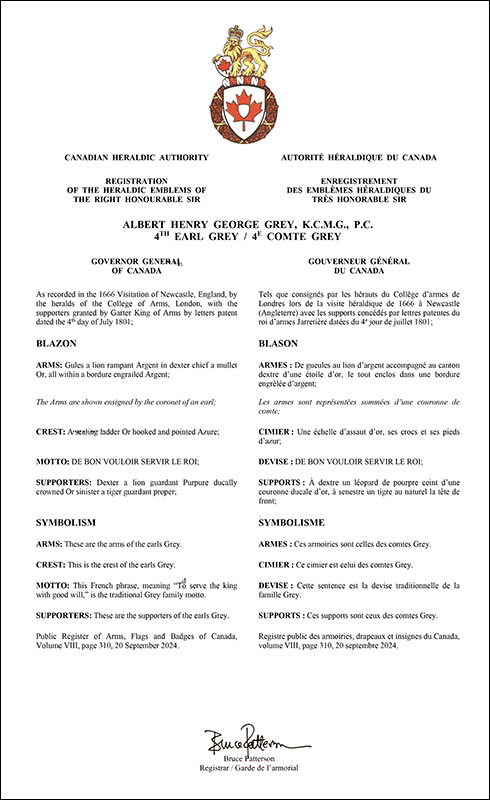 Letters patent registering the heraldic emblems of Albert Henry George Grey
