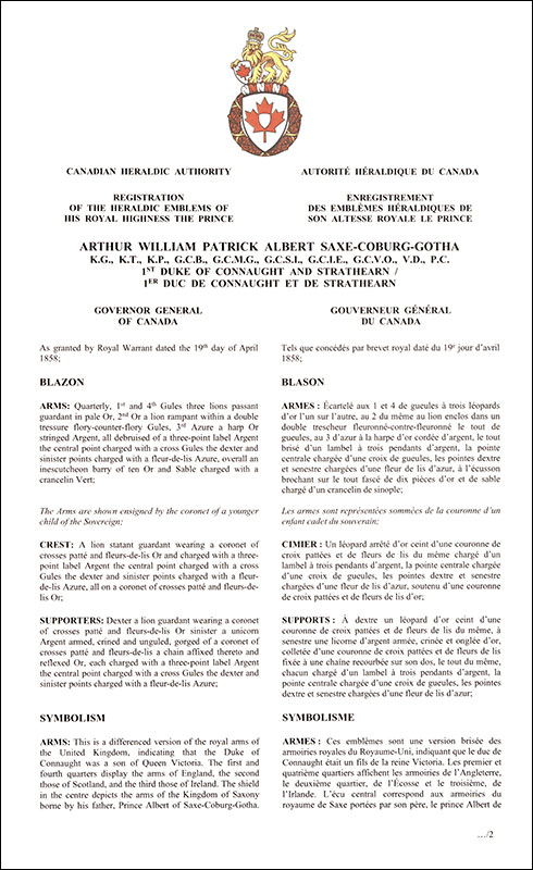 Letters patent registering the heraldic emblems of Prince Arthur William Patrick Albert Saxe-Coburg-Gotha