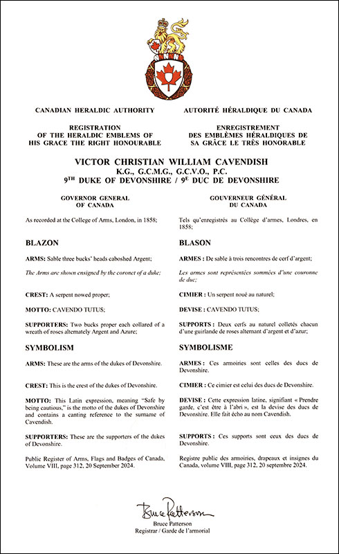 Lettres patentes enregistrant les emblèmes héraldiques de Victor Christian William Cavendish