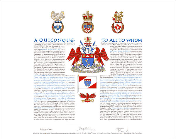 Letters patent granting heraldic emblems to the Collège Jean-Eudes Inc.