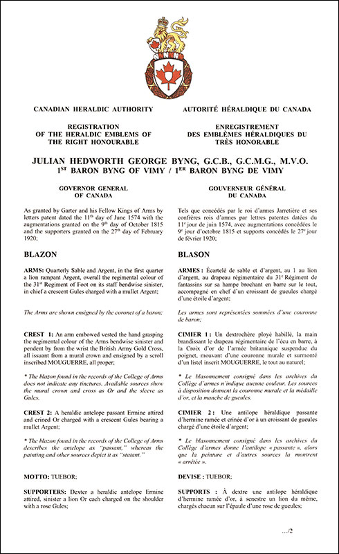 Letters patent registering the heraldic emblems of Julian Hedworth George Byng
