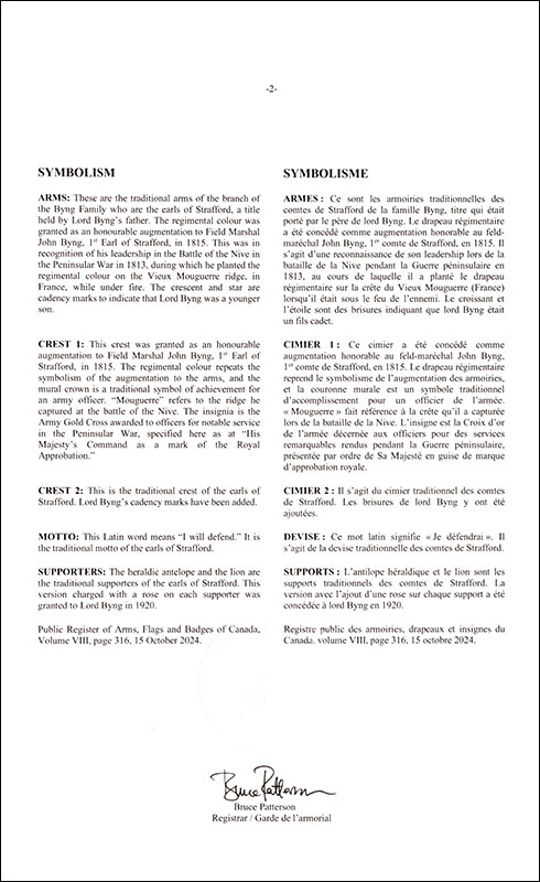 Letters patent registering the heraldic emblems of Julian Hedworth George Byng