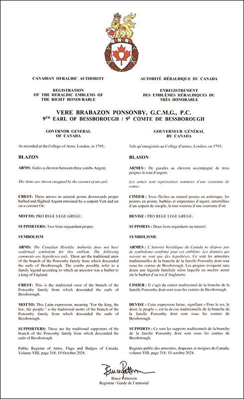 Letters patent registering the heraldic emblems of Vere Brabazon Ponsonby