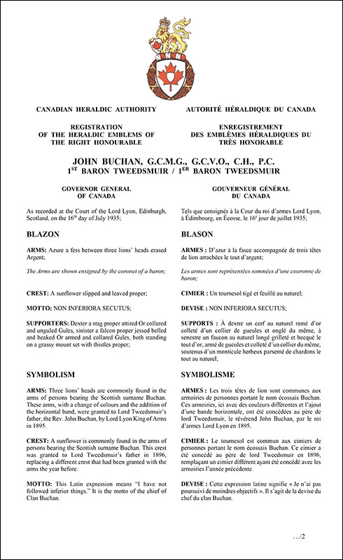 Letters patent registering the heraldic emblems of John Buchan