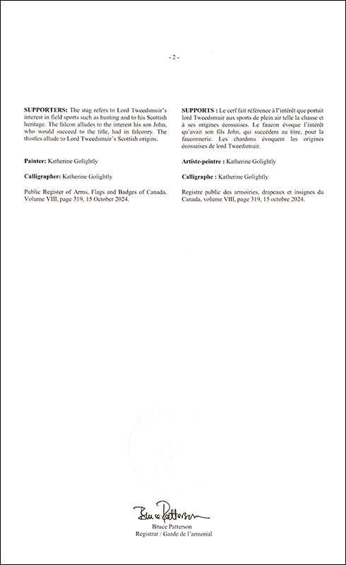 Letters patent registering the heraldic emblems of John Buchan