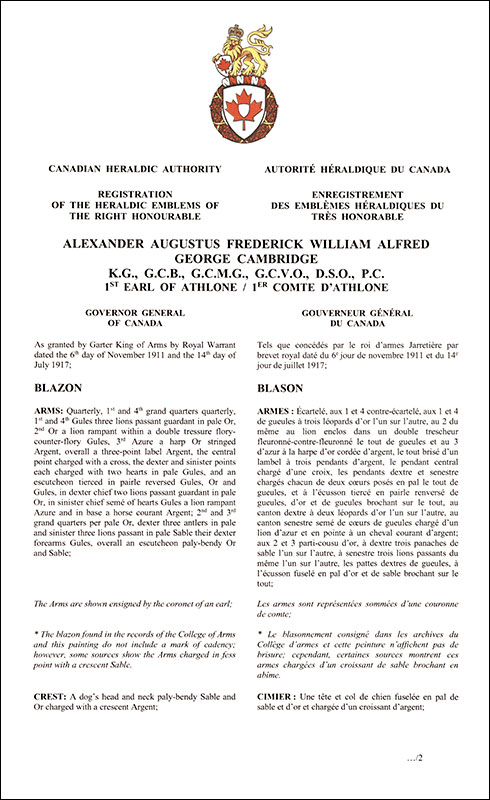 Lettres patentes enregistrant les emblèmes héraldiques d'Alexander Augustus Frederick William Alfred George Cambridge
