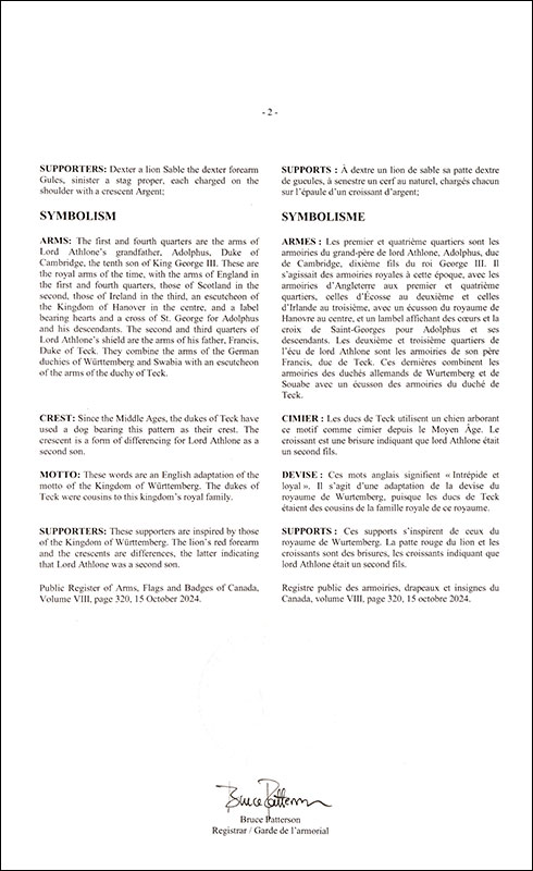 Lettres patentes enregistrant les emblèmes héraldiques d'Alexander Augustus Frederick William Alfred George Cambridge