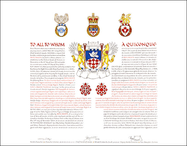 Letters patent granting heraldic emblems to AMBCANADA