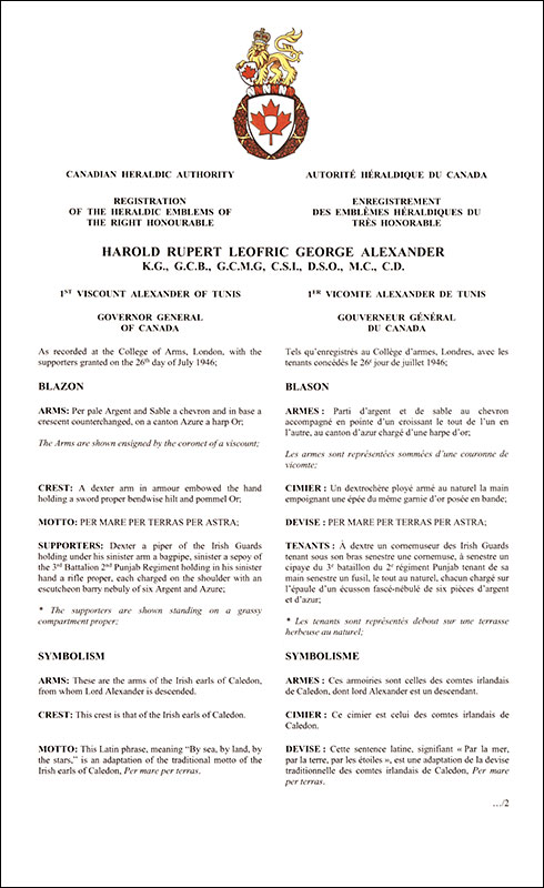 Letters patent registering the heraldic emblems of Harold Rupert Leofric George Alexander