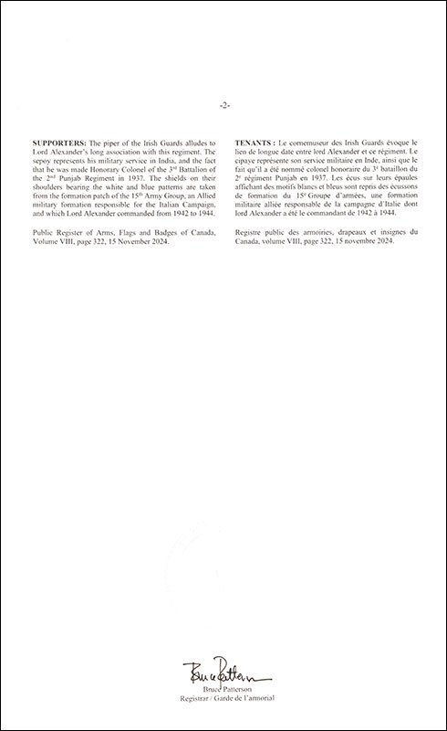 Letters patent registering the heraldic emblems of Harold Rupert Leofric George Alexander