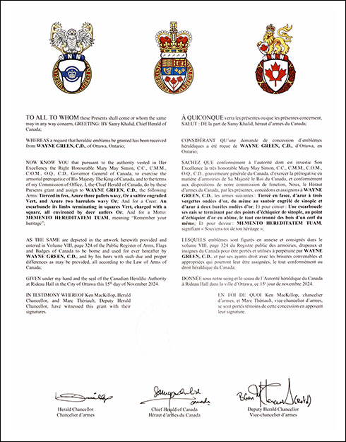 Letters patent granting heraldic emblems to Wayne Green