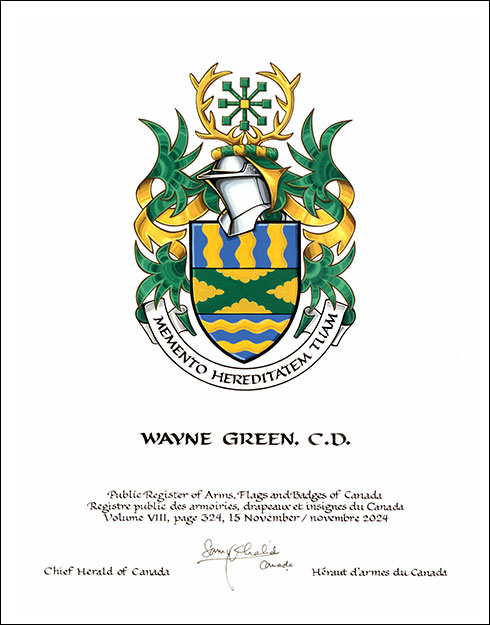 Letters patent granting heraldic emblems to Wayne Green