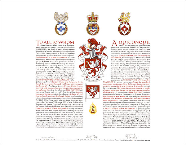 Letters patent granting heraldic emblems to Christopher John Massart