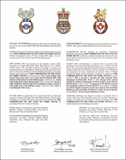 Letters patent granting heraldic emblems to The Corporation of the Town of Parry Sound