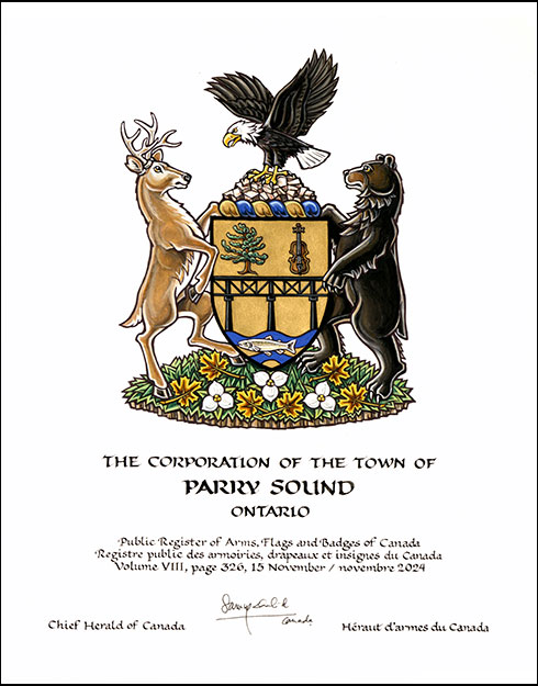 Letters patent granting heraldic emblems to The Corporation of the Town of Parry Sound