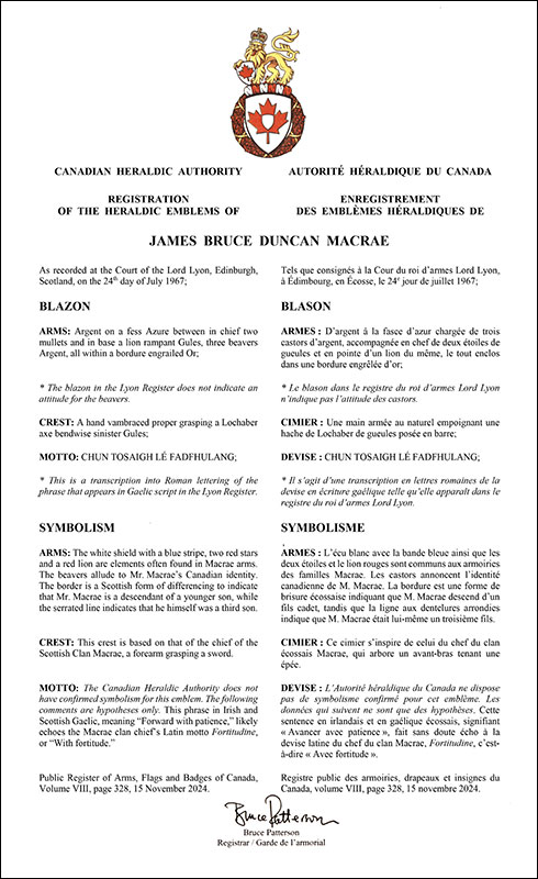 Arms of James Bruce Duncan Macrae
