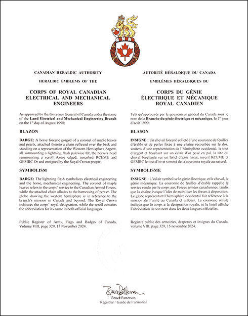 Letters patent approving the Badge of the Corps of Royal Canadian Electrical and Mechanical Engineers
