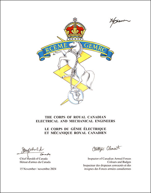 Letters patent approving the Badge of the Corps of Royal Canadian Electrical and Mechanical Engineers