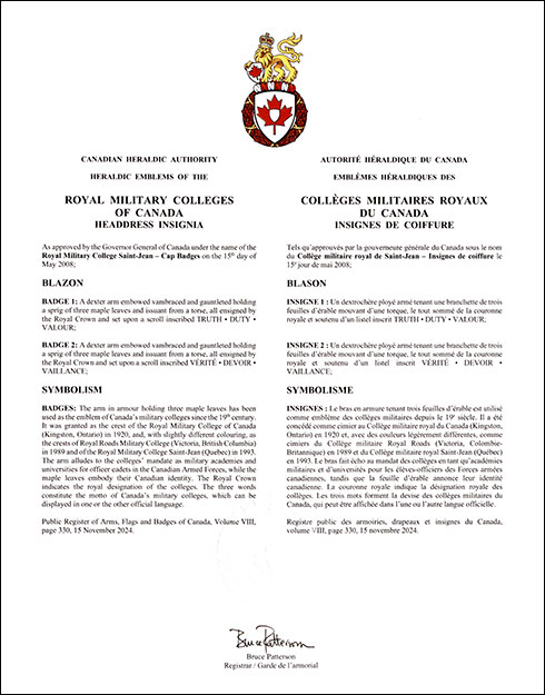 Letters patent approving the Headdress Insignia of the Royal Military Colleges of Canada