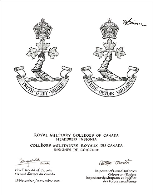 Letters patent approving the Headdress Insignia of the Royal Military Colleges of Canada