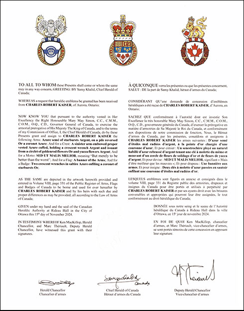 Letters patent granting heraldic emblems to Charles Robert Kaiser
