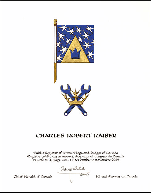 Letters patent granting heraldic emblems to Charles Robert Kaiser