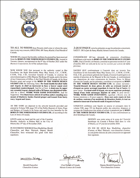 Letters patent granting heraldic emblems to the Born in the North Design Studio Ltd.
