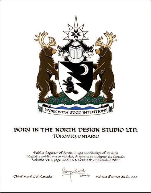 Letters patent granting heraldic emblems to the Born in the North Design Studio Ltd.