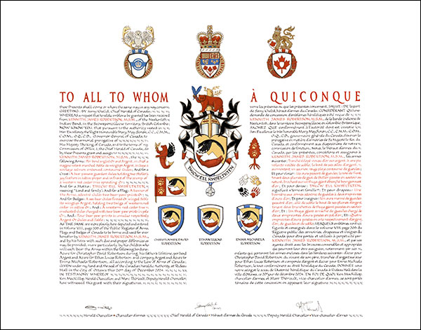 Letters patent granting heraldic emblems to Kennith James Robertson