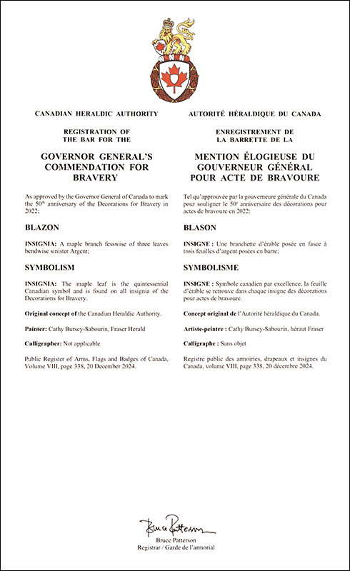 Letters patent registering the Governor General’s Commendation for Bravery bar