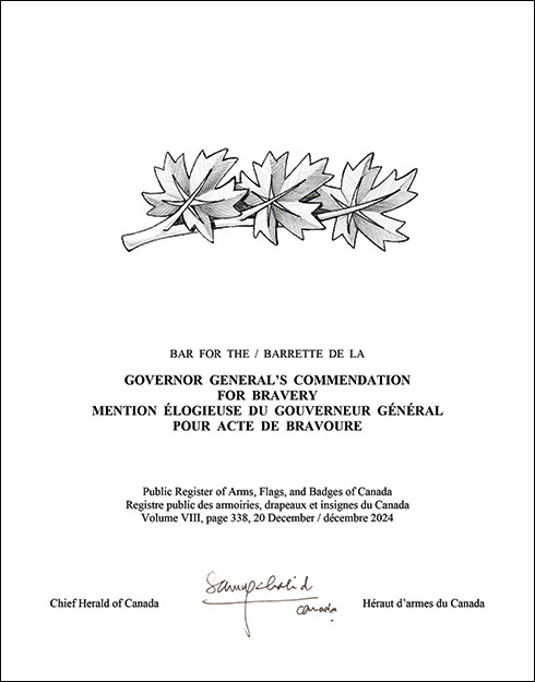 Letters patent registering the Governor General’s Commendation for Bravery bar