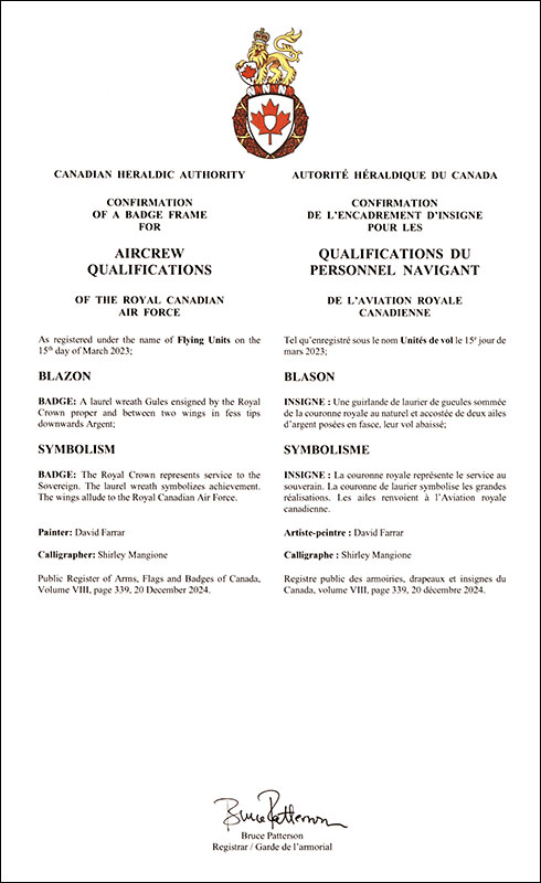 Letters patent registering the badge frame for Aircrew Qualifications of the Royal Canadian Air Force