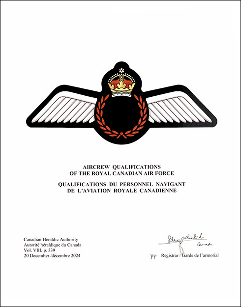 Letters patent registering the badge frame for Aircrew Qualifications of the Royal Canadian Air Force