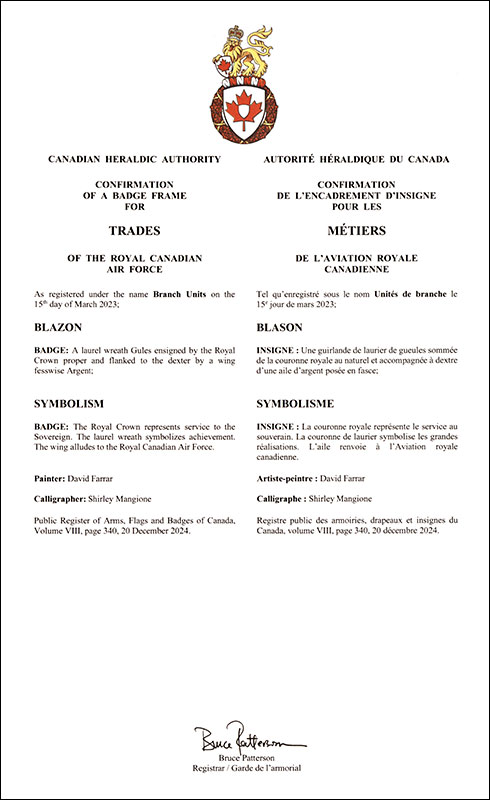 Letters patent confirming the badge frame for Trades of the Royal Canadian Air Force