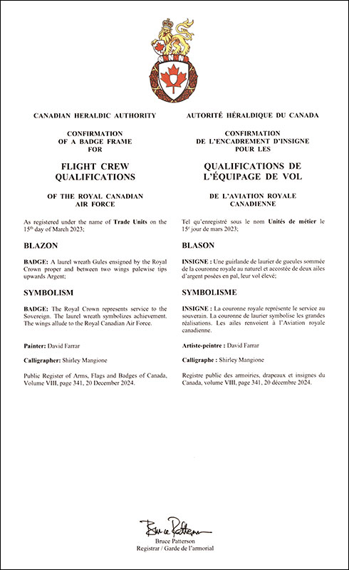 Letters patent confirming the badge frame of the Flight Crew Qualifications of the Royal Canadian Air Force