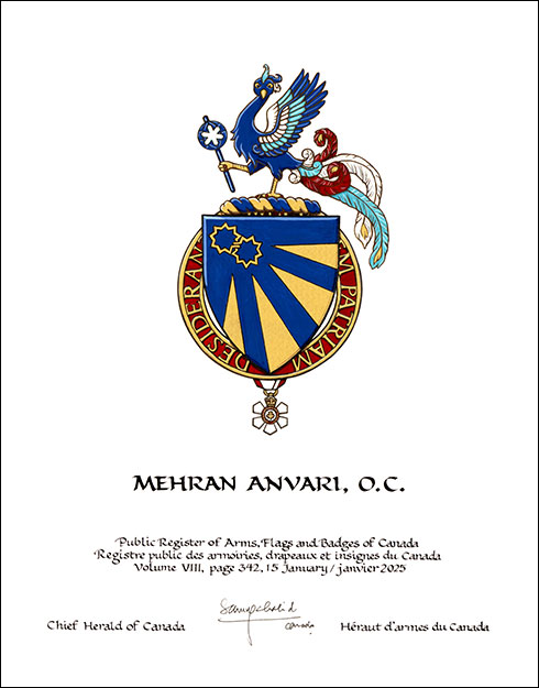 Letters patent granting heraldic emblems to Mehran Anvari