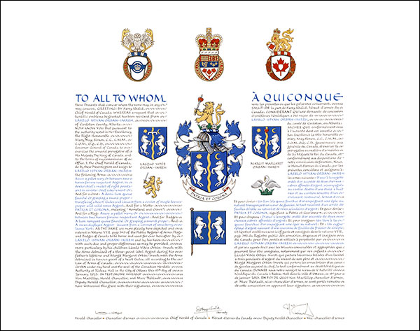 Letters patent granting heraldic emblems to László István Orbán-Imreh