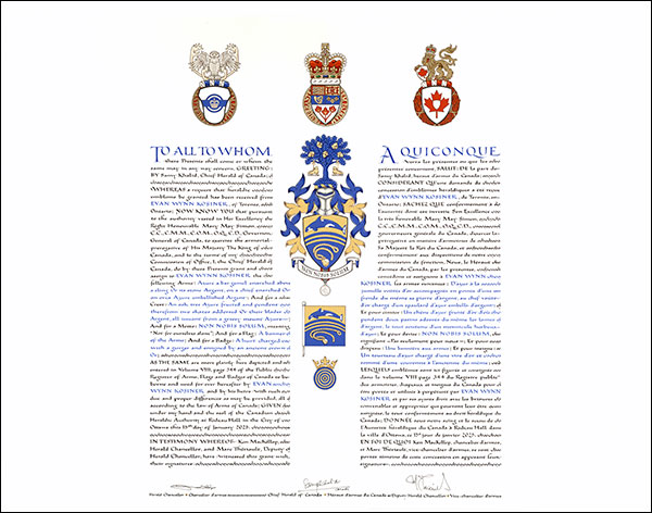 Letters patent granting heraldic emblems to Evan Wynn Kosiner