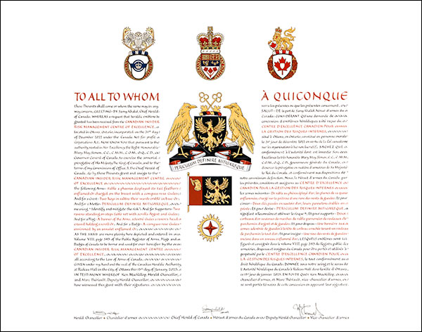 Letters patent granting heraldic emblems to the Canadian Insider Risk Management Centre of Excellence