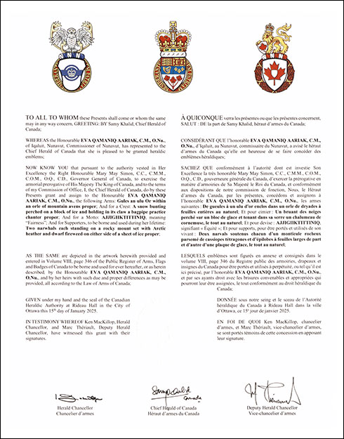 Letters patent granting heraldic emblems to Eva Qamaniq Aariak