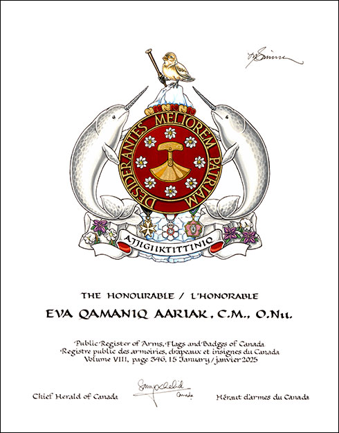 Letters patent granting heraldic emblems to Eva Qamaniq Aariak