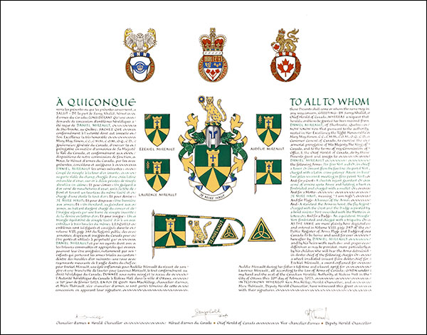 Letters patent granting heraldic emblems to Daniel Mireault