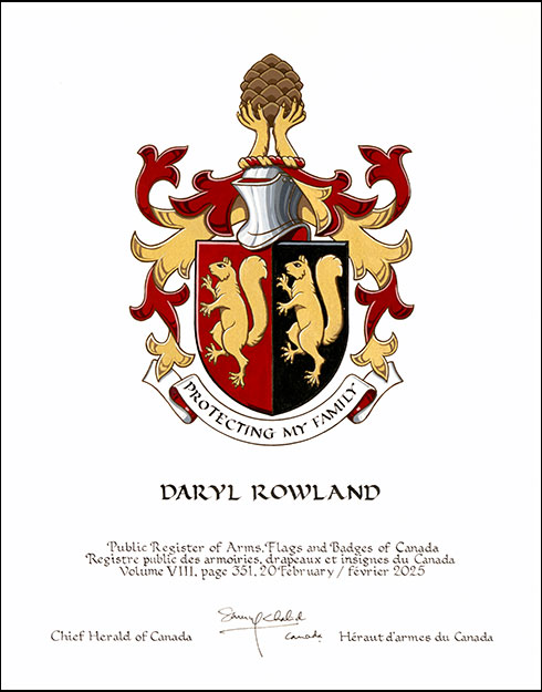 Letters patent granting heraldic emblems to Daryl Rowland
