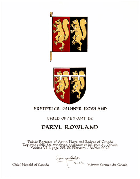 Letters patent granting heraldic emblems to Daryl Rowland