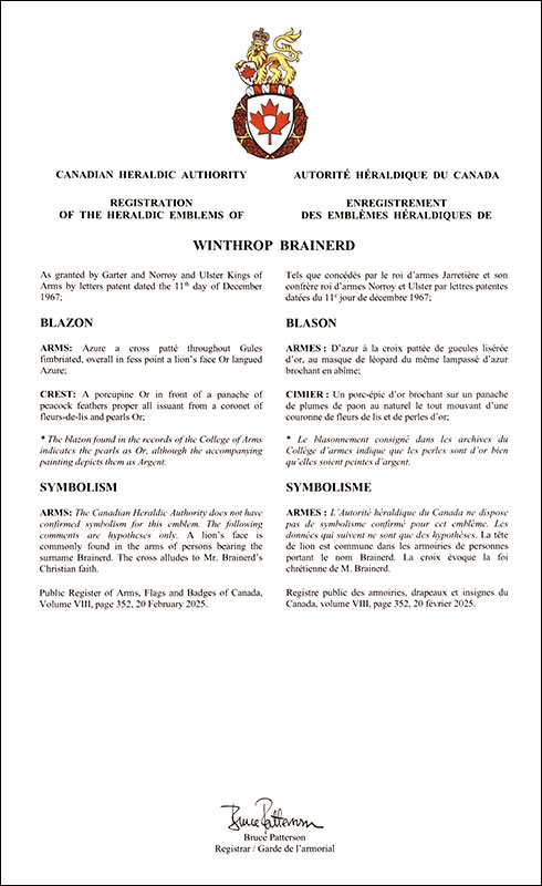 Letters patent registering the heraldic emblems of Winthrop Brainerd